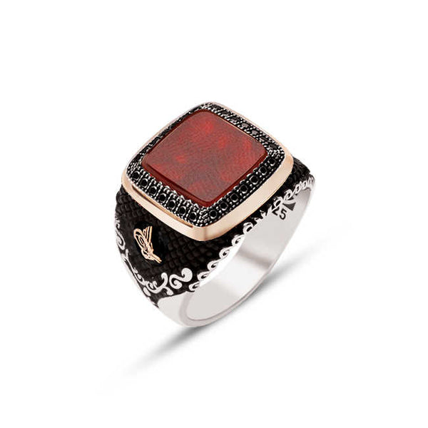 Agate Stone, Onyx Stone Inlaid Edges and Ottoman Tughra Motive Ring On The Sides