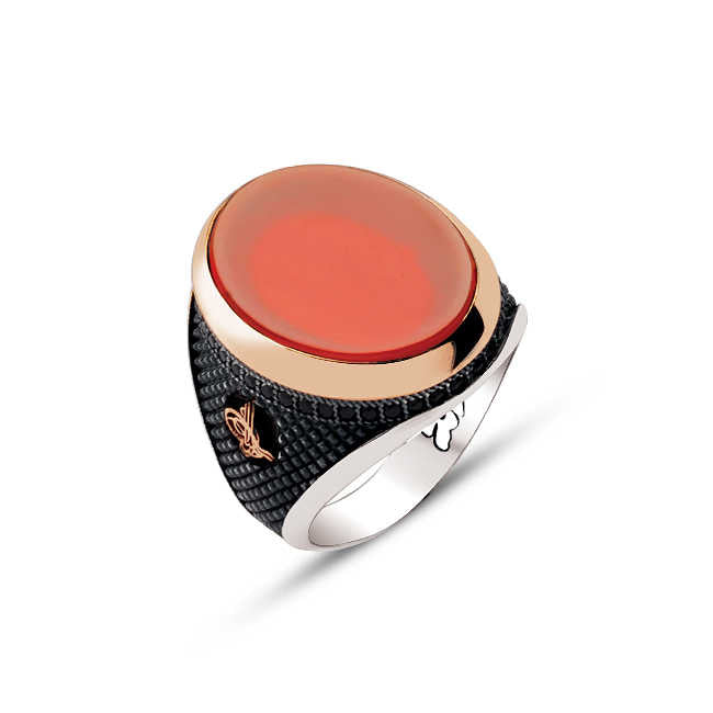 Agate Stone and Sided Ottoman Tughra Motive Ring