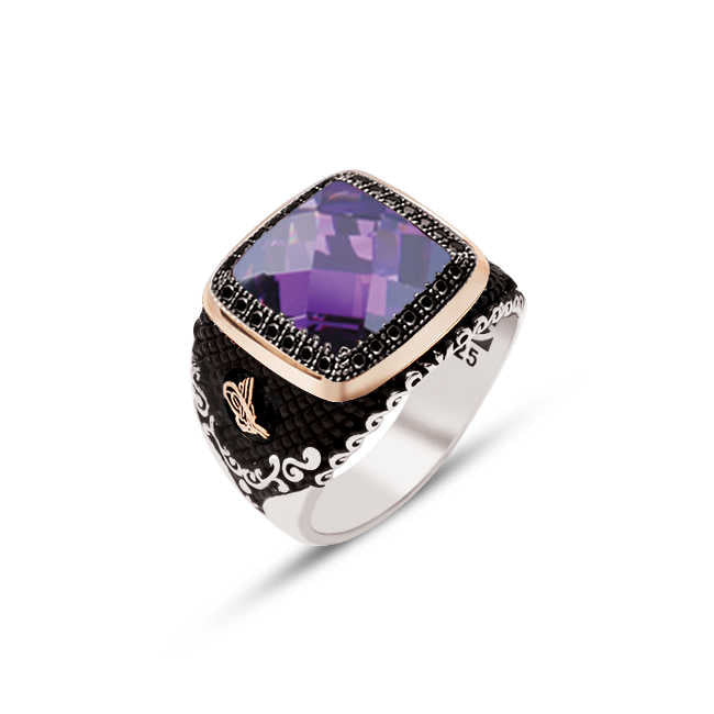 Amethyst Facet Stones on Silver Edges with Onyx Stone Inlaid and Ottoman Tughra Motive Ring on the Sides