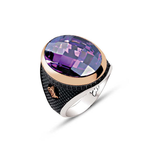 Amethyst Facet Stone and Edged Ottoman Tughra Engraved Ring