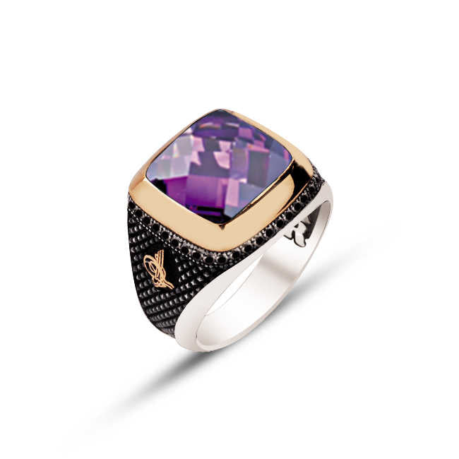 Amethyst Stone Engraved Ring With Ottoman Tughra On The Edges