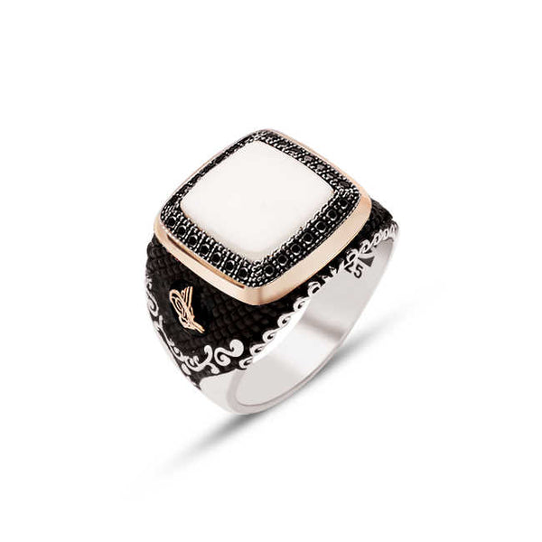 White Onyx Stone Ring with Onyx Stone Inlaid on the Edges and Ottoman Tughra Motive on the Sides