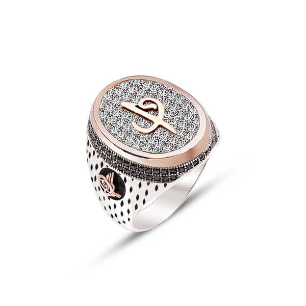 Silver Top with White Zircon Stone Elif Vav Sides Black Zircon Stone Inlaid and Edges Ottoman Tughra Engraved Ring