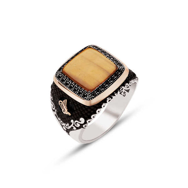 Tiger Eye Stone, Onyx Stone Engraved and Sided Ottoman Tughra Motive Ring