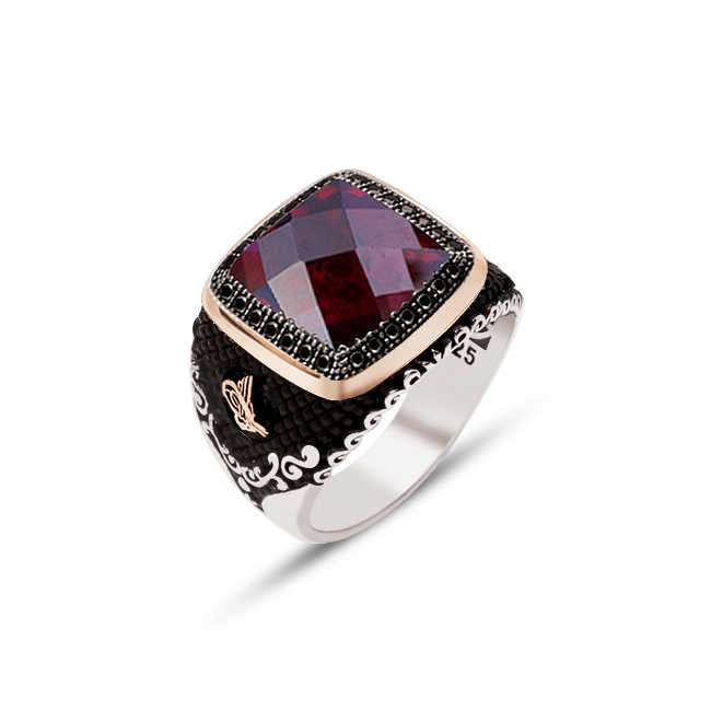 Silver Top With Red Facet Stone, Onyx Stone Engraved Edges and Ottoman Tughra Motive Ring
