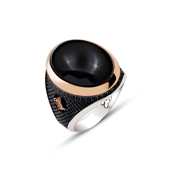 Silver Top Black Hooded Stone and Edged Ottoman Tughra Engraved Ring