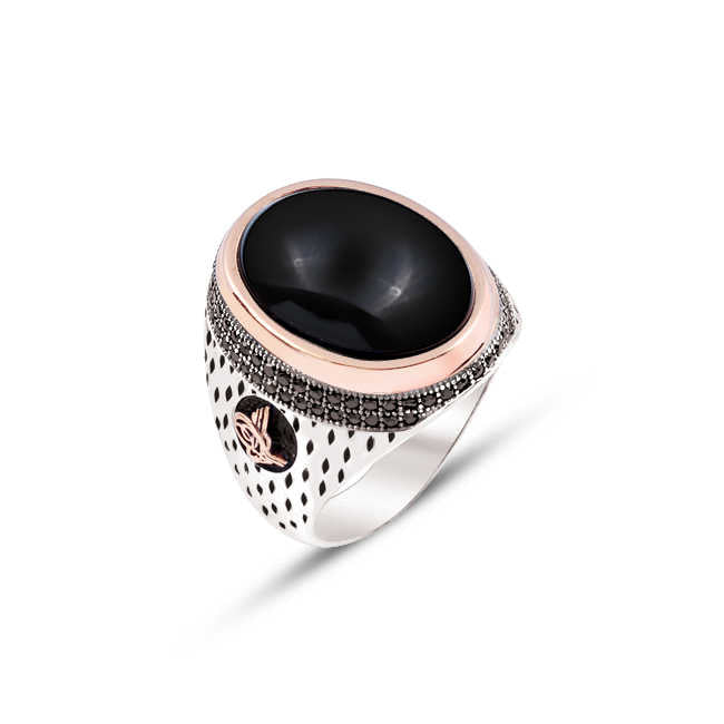 Silver Top Black Hooded Stone Ring With Onyx Stone Inlaid and Ottoman Tughra Motive On The Sides
