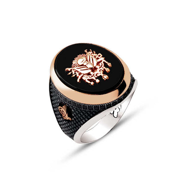 Silver Ring with Black Onyx Stone, Ottoman Coat of Arms and Edges with Ottoman Tughra