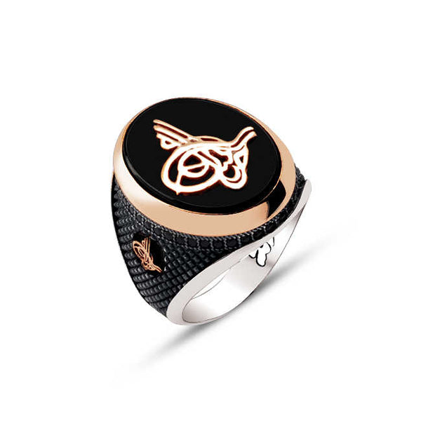 Silver Black Onyx Stone Top and Edges Ottoman Tughra Engraved Ring