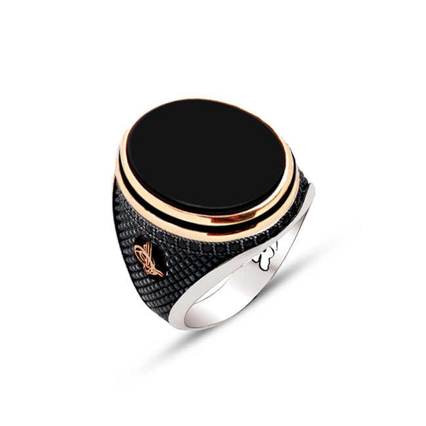 Silver Top Black Onyx Stone Enameled Sides and Edged Ottoman Tughra Engraved Ring
