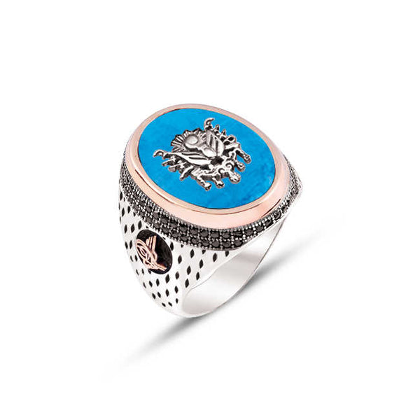 Turquoise Ottoman Coat Of Arms On Silver Edges With Onyx Stone Engraved And Sides Ottoman Tughra Motive Ring