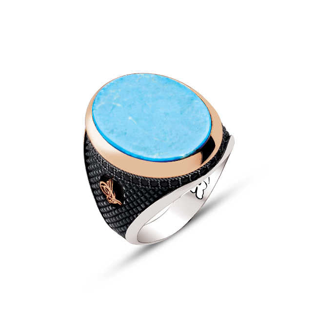 Turquoise Stone and Sided Ottoman Tughra Motive Ring