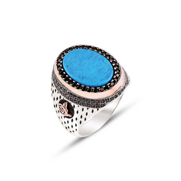 Turquoise Stone On Silver Side Black Zircon Stone Inlaid and Edged Ottoman Tughra Engraved Ring