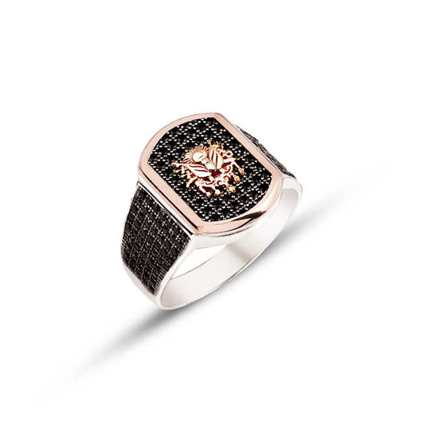 Silver Top and Side Black Zircon Stone Ottoman Coat of Arms Men's Ring