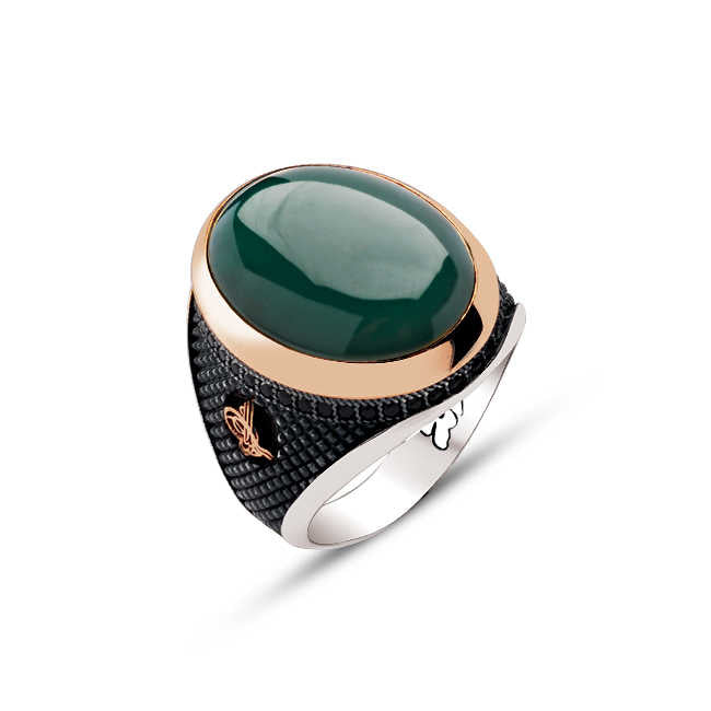 Silver Top with Green Agate Hood Stone and Edged Ottoman Tughra Engraved Ring