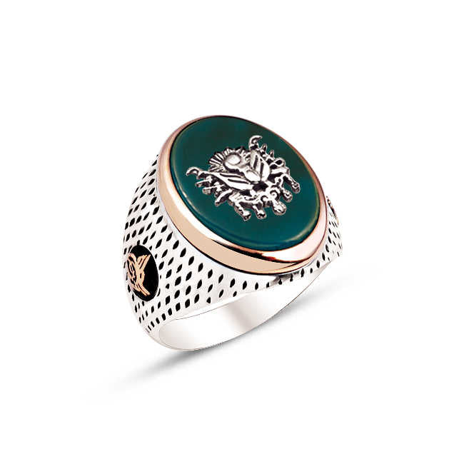 Silver Top, Green Agate Stone, Ottoman Coat of Arms and Sides Engraved Ottoman Tughra Ring