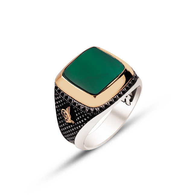 Silver Ring With Green Agate Stone and Ottoman Tughra Engraved Edges