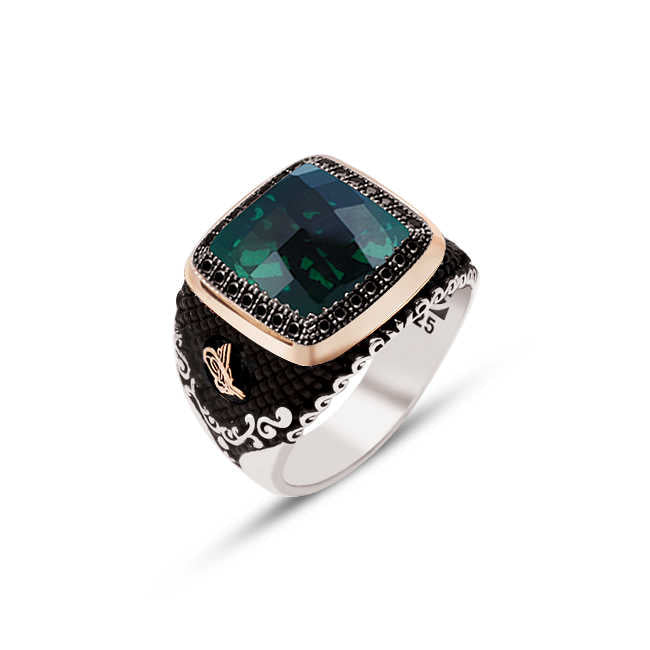Silver Top Green Facet Stone Engraved Edges With Onyx Stone and Ottoman Tughra Motive Ring On The Sides