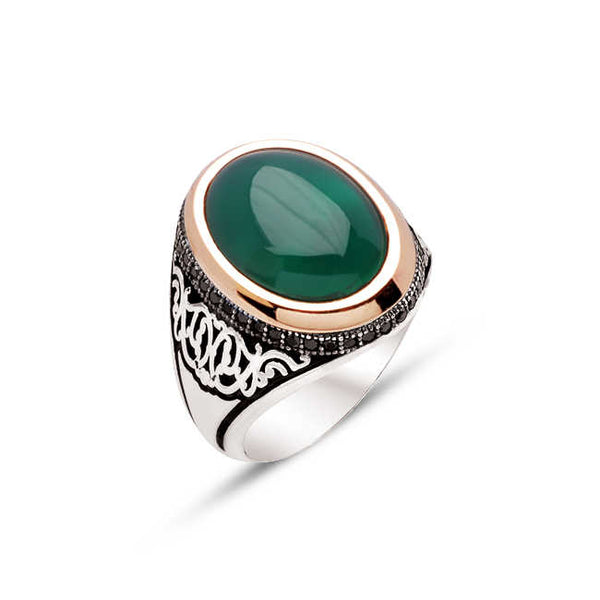 Silver Green Agate Hooded Sided Black Zircon Stone Men's Ring
