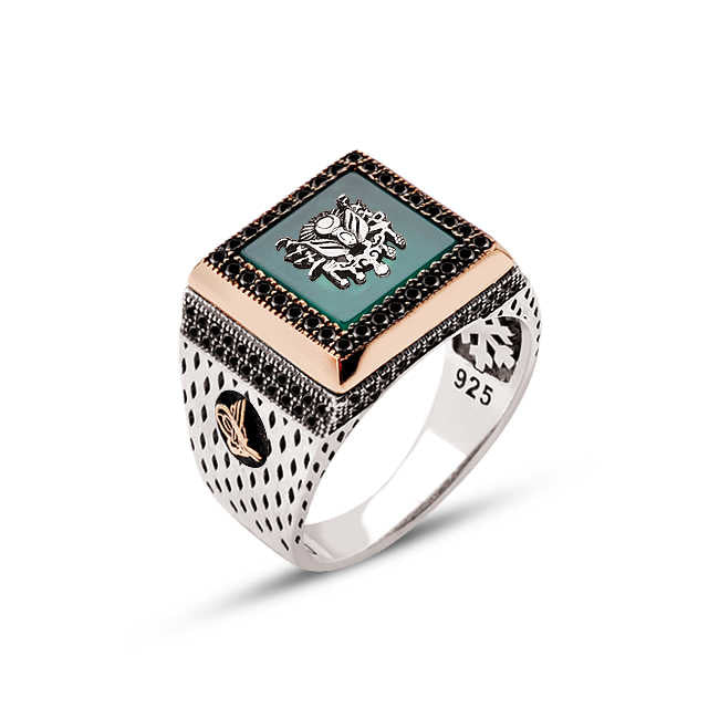 Silver Green Agate Stone Ottoman Armored Zircon Decorated Square Pattern Ring With Tughra On Edges