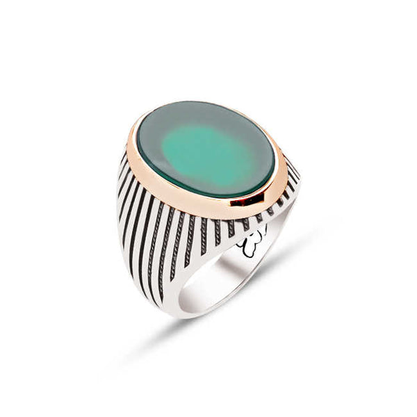 Silver Green Agate Stone Men's Ring