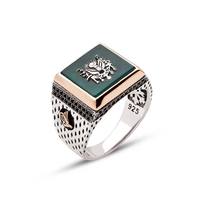 Silver Green Agate Stone Over Ottoman Coat of Arms Men's Ring