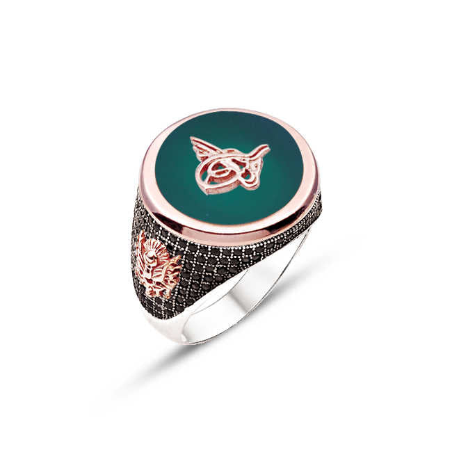 Silver Green Agate Stone and Tughra on the Sides Adorned with Black Zircon Stone Men's Ring
