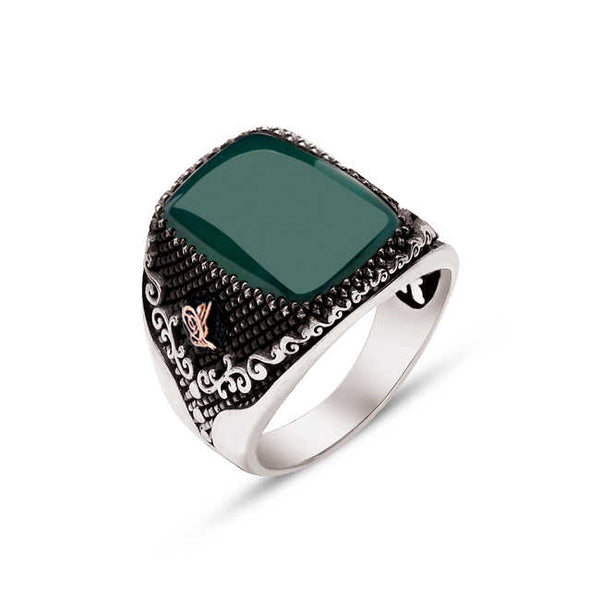 Silver Green Agate Stone Side Tughra Ring