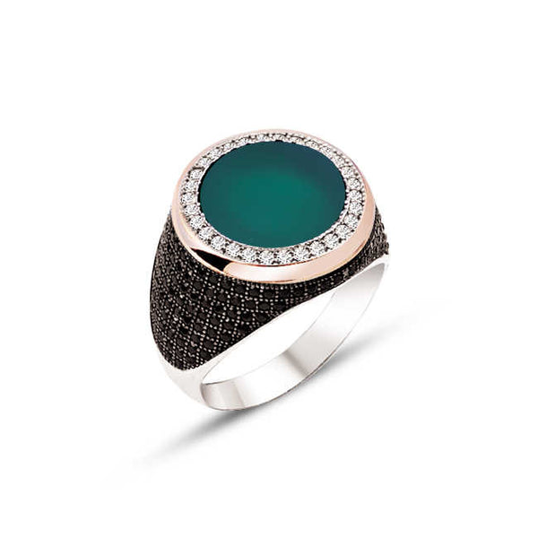 Silver and Green Agate Stone Men's Ring