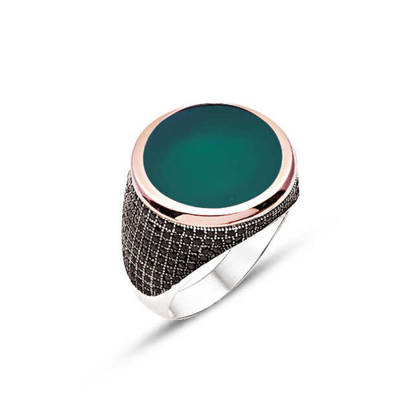 Silver Green Agate Stone Men Ring With Black Zircon Stone On The Sides