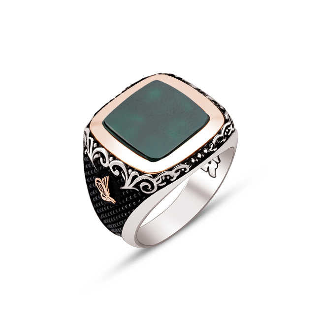 Silver Green Agate Stone Side Ring with Tughra