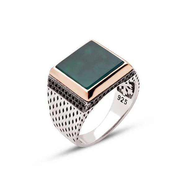 Silver Green Agate Stone Square Ring With Zircon Ornament
