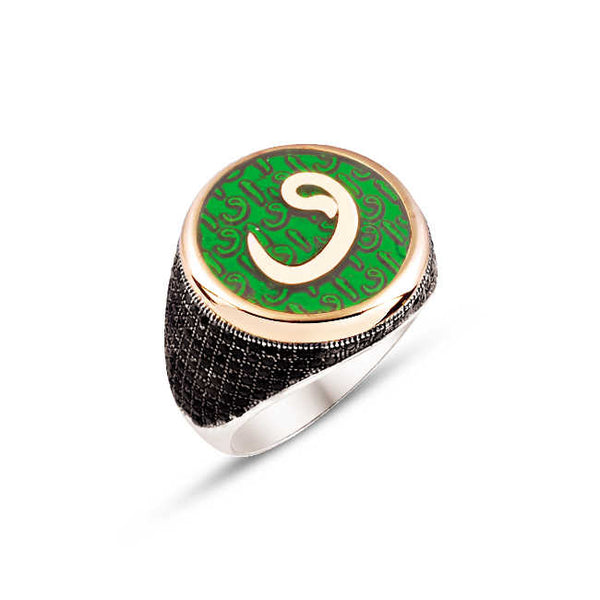 Silver Green Enameled Vav Themed Ring With Black Zircon Stone On The Sides