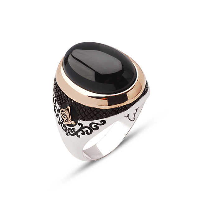 Silver Round Facet Cut Onyx Stone Side Ring With Tughra