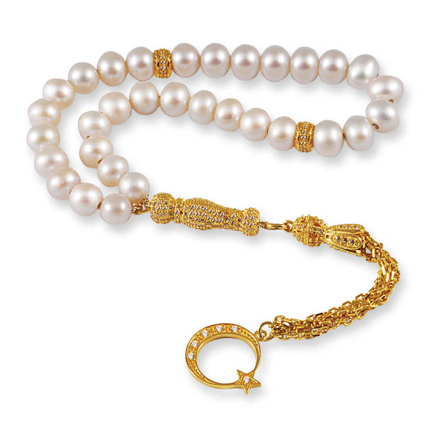 Genuine Pearl Beads Moon and Star Head Silver Tasbeeh