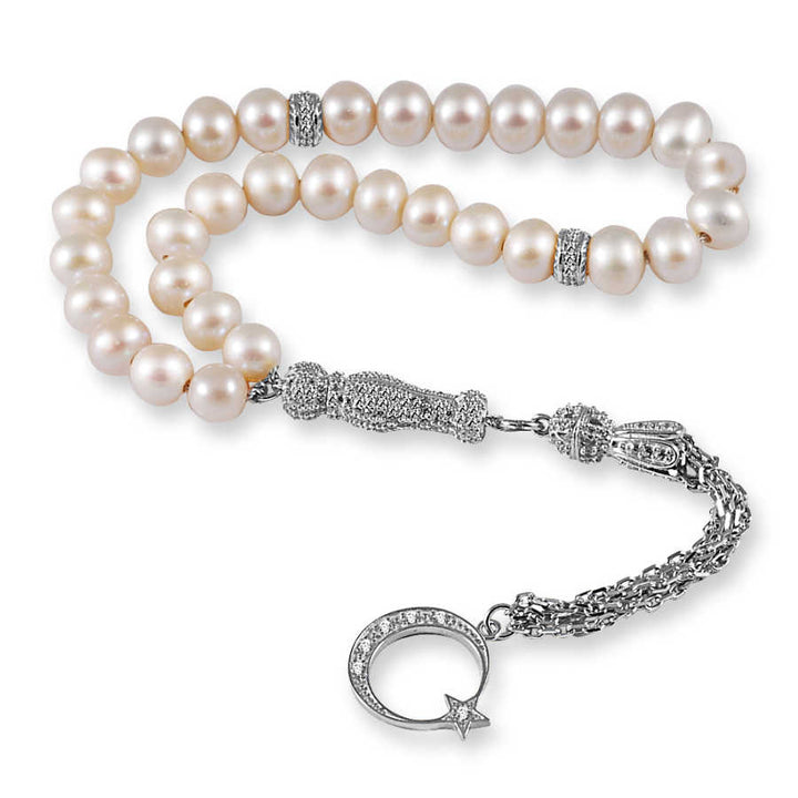 Genuine Pearl Beads Silver Moon and Star Head Tasbeeh
