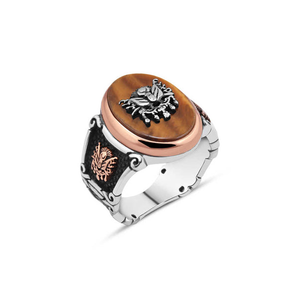 Tiger Eye on Stone Ottoman State Coat of Arms Men's Ring