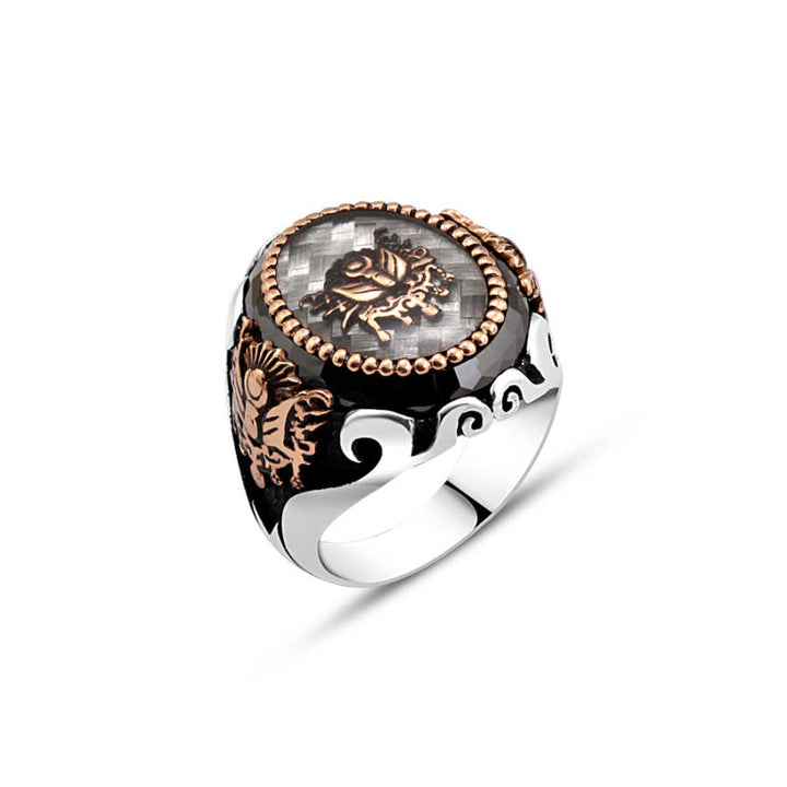 Enameled Ottoman Coat of Arms on Carbon Men's Ring