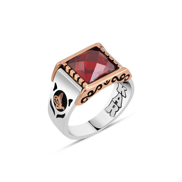 Facet Cut Red Zircon Stone Men's Ring