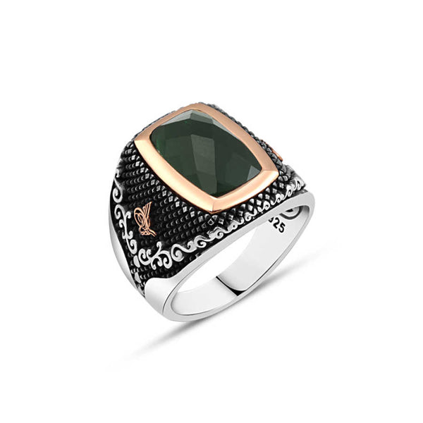 Facet Cut Green Zircon Stone Rectangular Pointed Silver Men's Ring Siding Tughra and Wavy Pattern