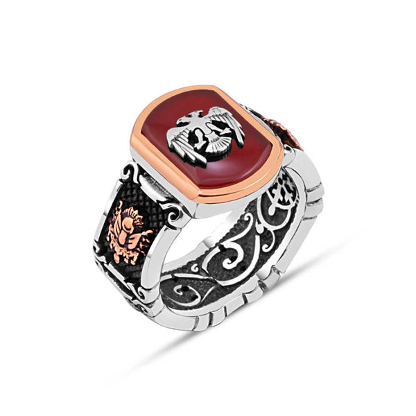 Red Agate Stone Seljuk Eagle Men's Ring