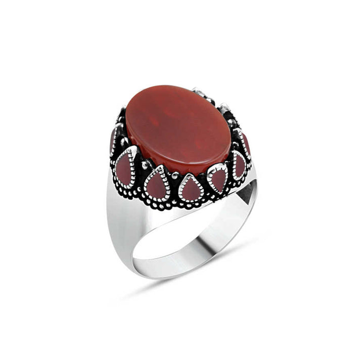 Red Agate Stone Red Enameled Side Men's Ring