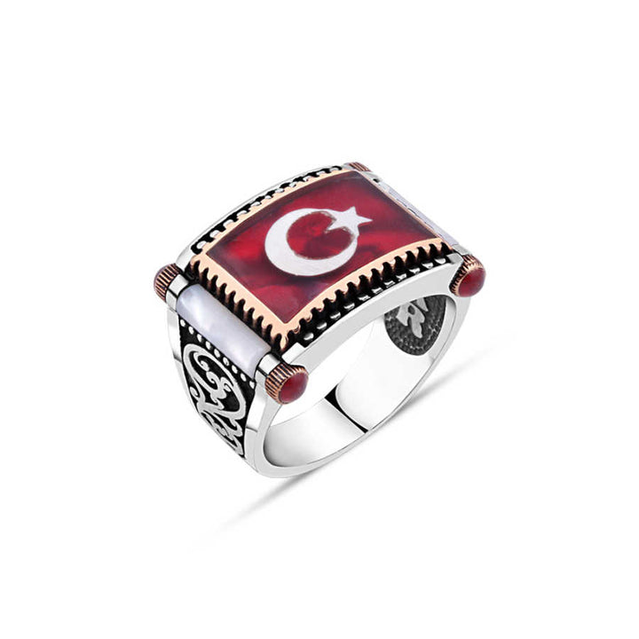 Red Enamel Moon-Star Sides Mother-of-Pearl Men's Ring