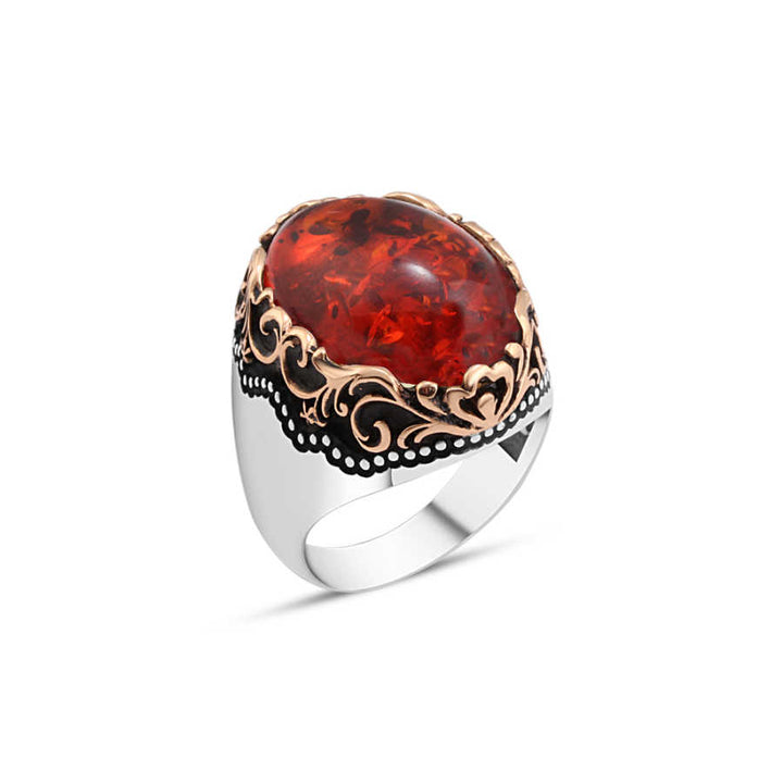 Red Synthetic Amber Stone Men's Ring