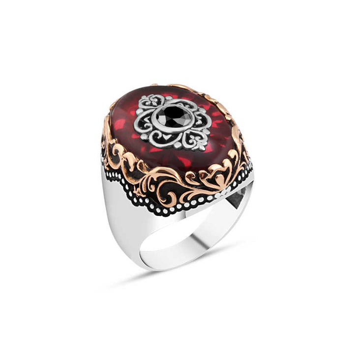 Red Synthetic Amber Men's Ring with motifs
