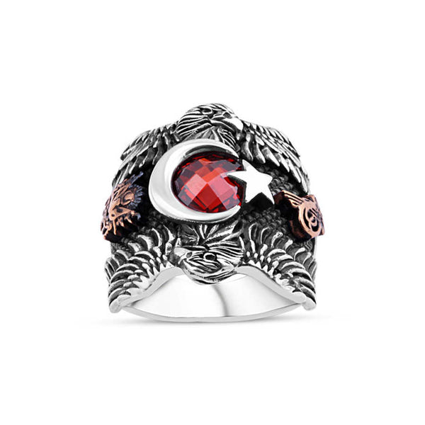 Red Zircon Stone Moon-Star Top and Bottom Eagle Pattern Men's Ring
