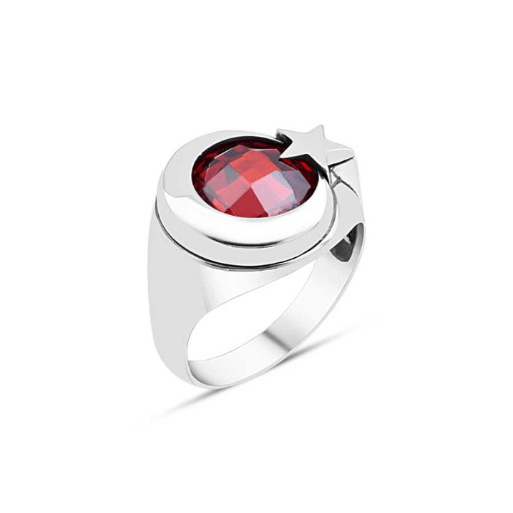 Red Zircon Stone Moon-Star Men's Ring