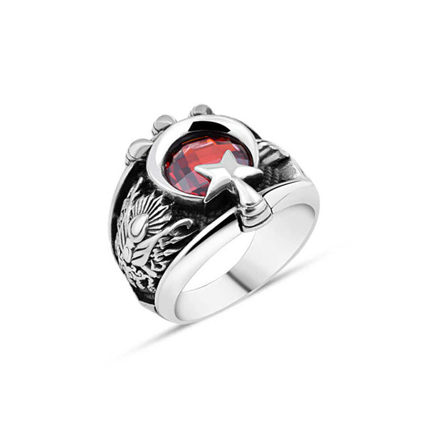 Red Zircon Stone Moon-Star Clawed Men's Ring