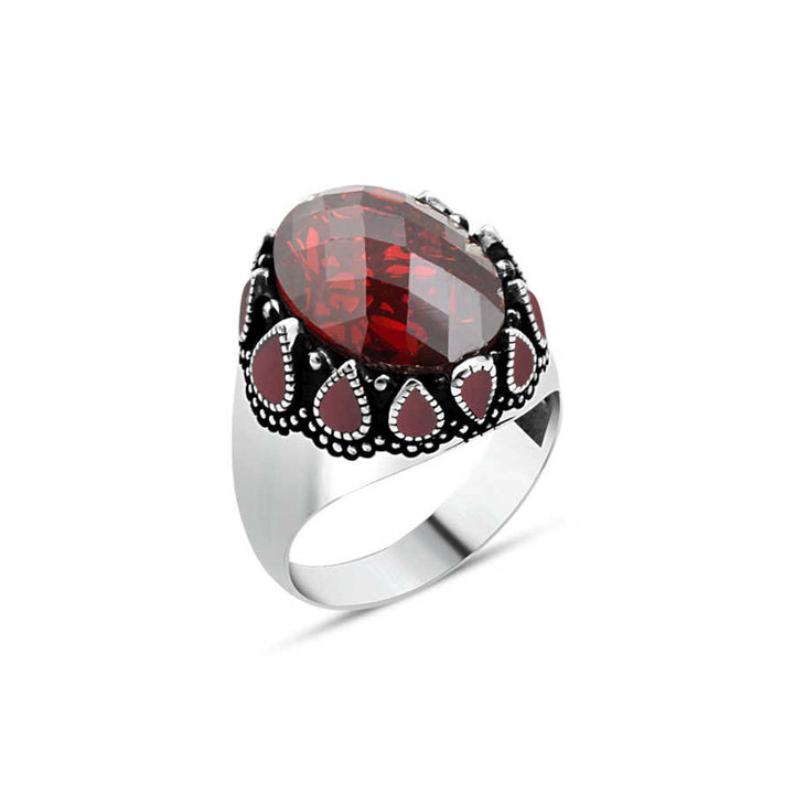 Red Enameled Men's Ring with Red Zircon Stone