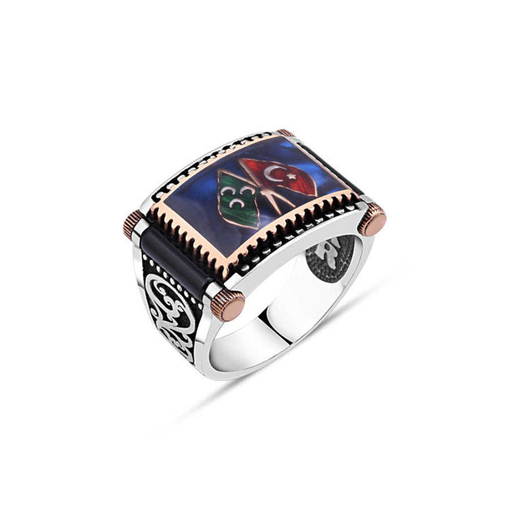 Navy Blue Enamel with Ottoman and Turkish Flags Men's Ring